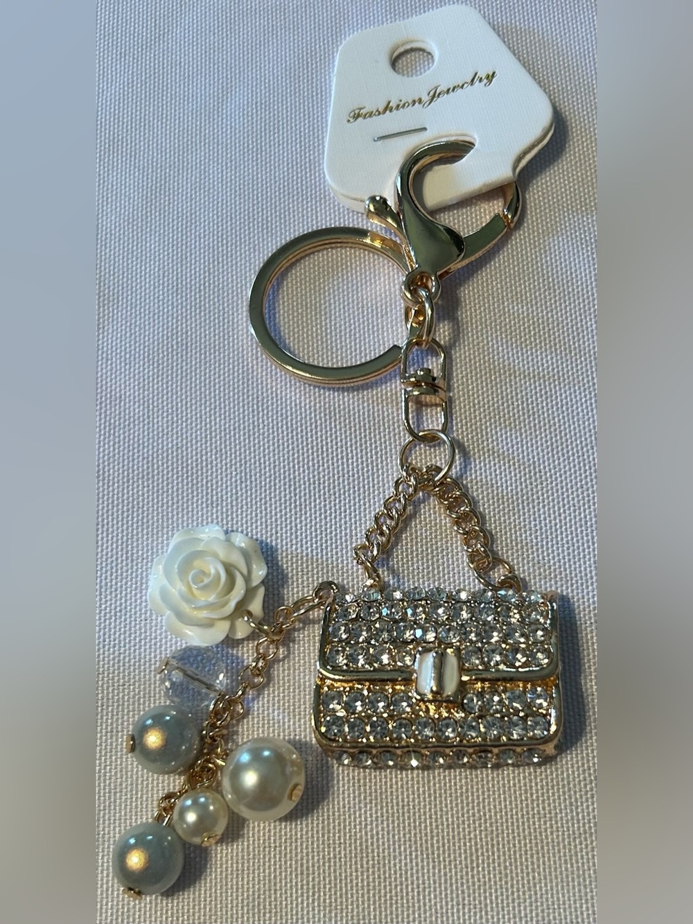 Gold Crystal Mini Purse Keychain/Bagcharm with White Rose and Pearls